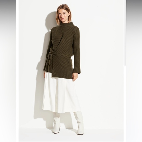 Vince wool cashmere tie front tunic in olive oil - Picture 1 of 12